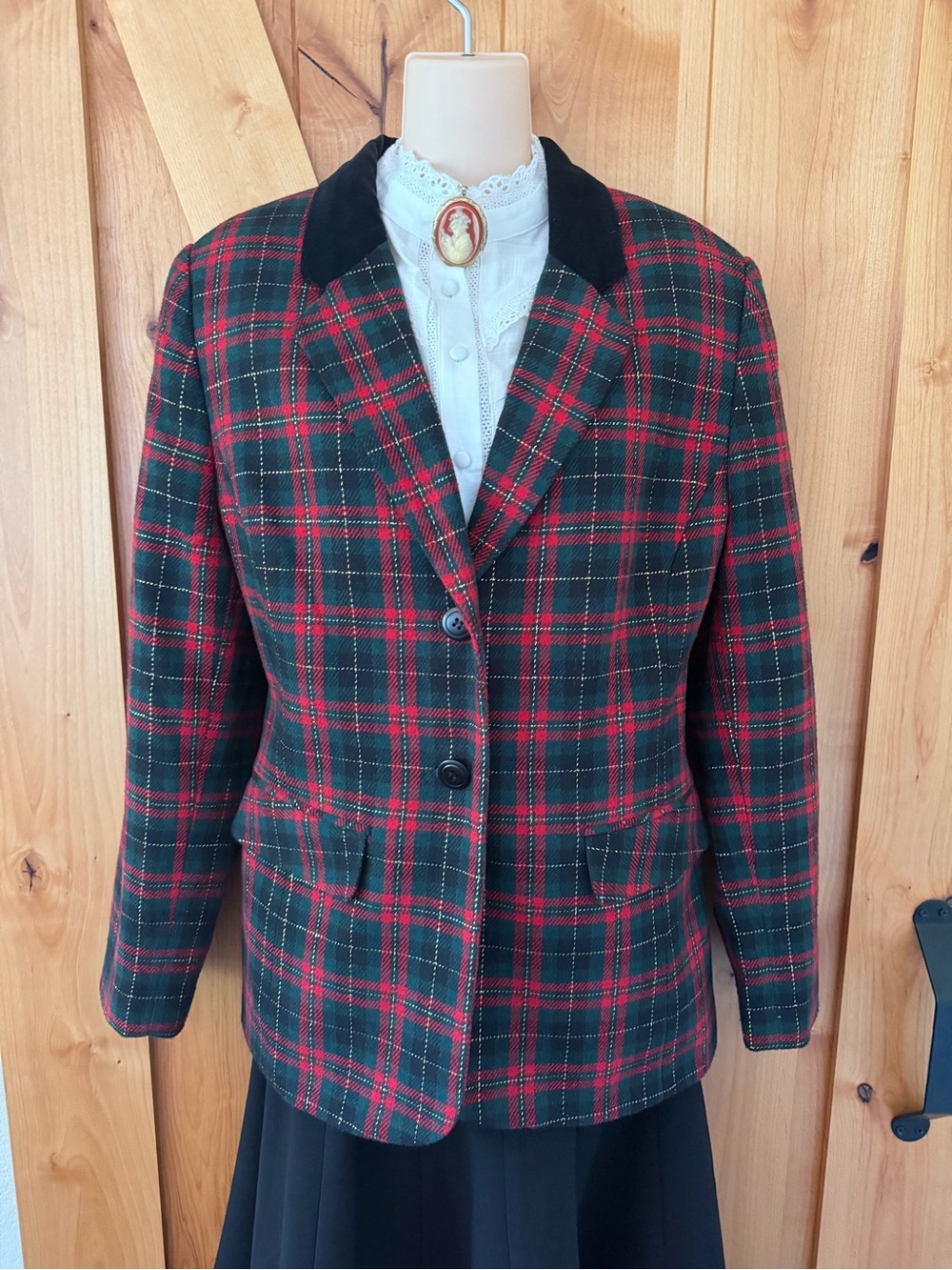 Vintage 90s Tartan Plaid Wool Blazer Red Green Holiday Preppy Equestrian 12 - Picture 5 of 12